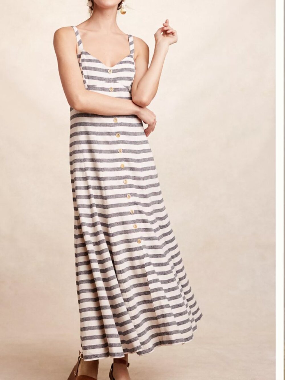 Anthropologie Maeve Striped Maxi Dress Black White Button Sundress 4 petite